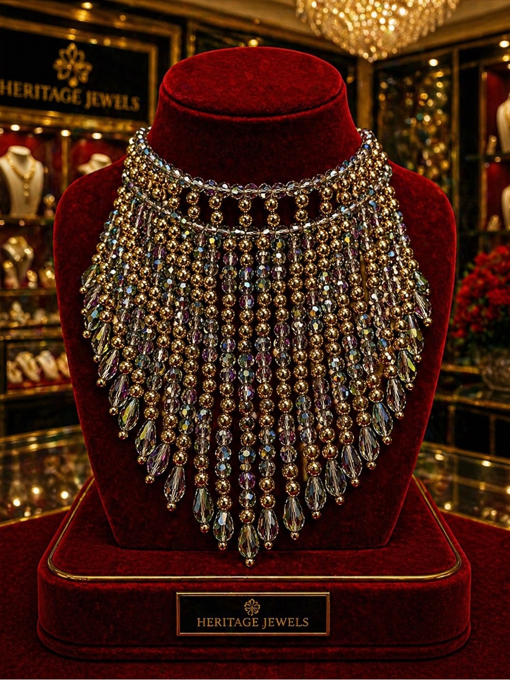 Mystic AB Austrian Crystal and Gold Beads Waterfall Necklace